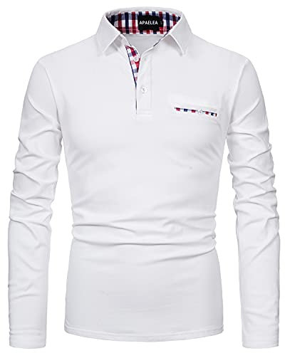 APAELEA Men's Long Sleeve Polo Shirt Casual Rugby Shirts with Plaid Down Collar,White,XL