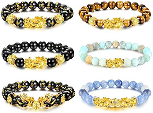LOLIAS 6 Stück Feng Shui Pixiu Glücksarmbänder für Männer Frauen Naturstein Tigerauge Perlenarmband Pi Yao Chinesischer Drache Charm Einstellbar Feng Shui Schwarzer Obsidian Reichtum Armband