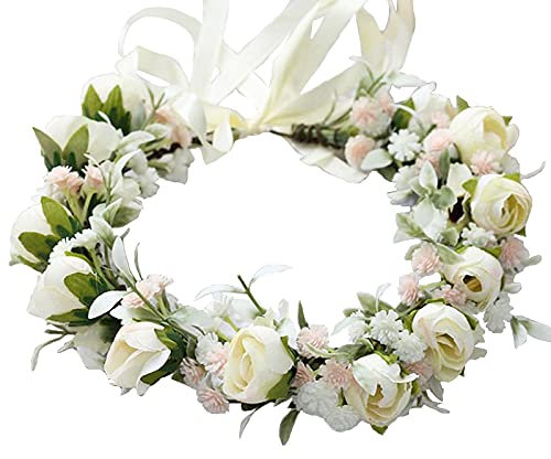 HJHIWE Verstellbarer Hochzeits-Haarkranz mit Blume, Kopfschmuck für Frauen und Mädchen, Brautschmuck, weiße Rose, Brautkrone, Boho-Stil, rustikale Rosen, Stirnbänder mit Band für Hochzeit, Familie,