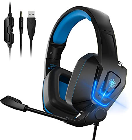 YOTMS PS4 Gaming Headset, Wired PC Headset for Xbox One, PS5, Laptop, Switch, H2 Over-Ear Gaming Headphones with Noise Cancelling Mic & LED Light & Volume Control & Surround Sound (Blue)