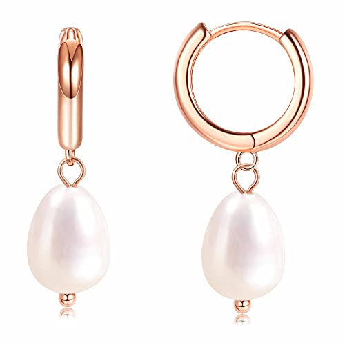 ORAZIO Perlen Tropfen Dangle Ohrringe für Frauen Sterling Silber 925 Ohrringe Creolen mit Barock Süßwasser Perle Ohrringe Rosegold Feiner Hängend Perlen Schmuck Damen