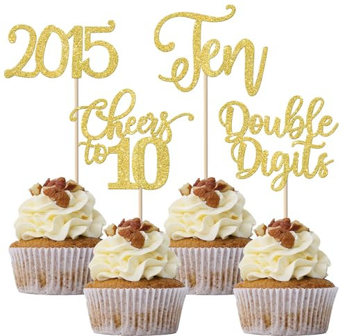 24 Stück 10. Geburtstag Cupcake Toppers Glitter Zehn seit 2015 Double Digits 10 Cupcake Picks Hallo 10 Jahre Geburtstagskuchen Dekorationen für alles Gute zum 10. Geburtstag Jubiläum Party Gold