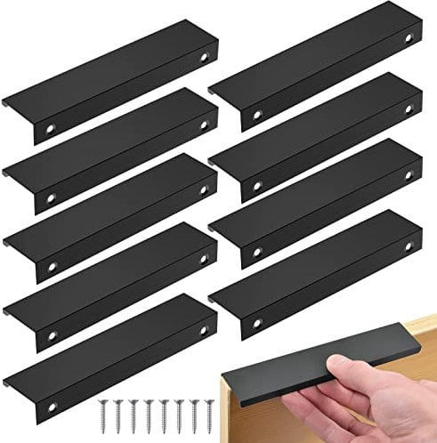 Flintronic Concealed Kitchen Door Handles, 10pcs 160mm Hole Center Hidden Drawer Pulls, 20CM Black Aluminum Alloy Cabinet Handles for Bathroom Living Room