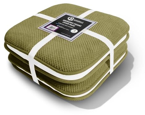 Casabella Memory Foam Chair Cushion Non Slip Back, Round Square Honeycomb Pattern Set of 4 Chair Pads, Durable Seat Cushions for Dinning Chairs, Office Desk & Patio-16x16 Sage Memory Foam Seat Cushion