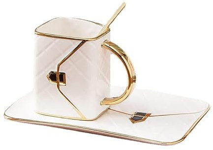 Asiasioc Geldbörse Tasse Tasche Form Keramik Tasse Kaffee Tasse Tasse Set Design Zeichnung Gold Handtasche Stil Tasse mit Löffel Business Geschenk Teetassen (Weiß)