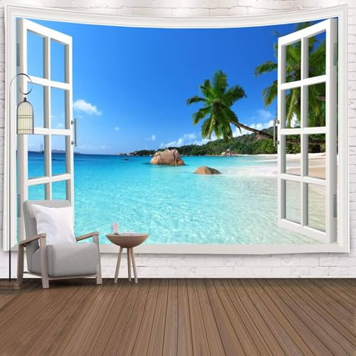 Tapisserie Fensterblick Strand, Natur Wandteppich Mee Strand Palme Dekoration für Wohnzimmer Schlafzimmer (Blau Weiß, 350x256cm)