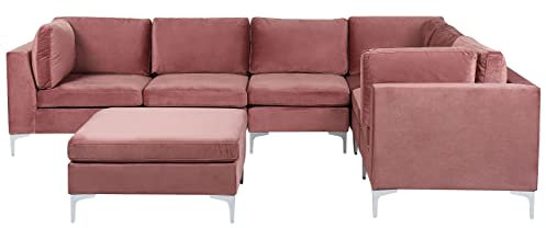 Modulares 6-Sitzer Ecksofa mit Ottomane Samt Rosa linksseitig Metallbeine Evja