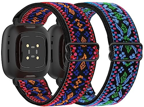 Tiptops Lot de 2 bracelets en nylon compatibles avec Fitbit Versa 4/Versa 3/Fitbit Sense 2/Sense, bracelet de sport élastique et réglable en nylon pour Fitbit Versa 4/Sense 2, No Gemstone