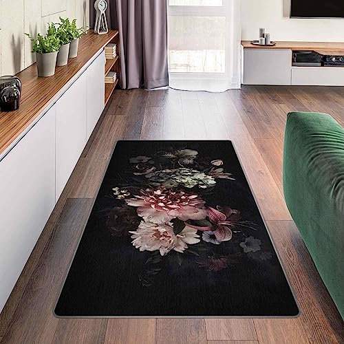 Bilderwelten Waschbarer Teppich Vintage rutschfest Blumen mit Nebel Schwarz Läufer Wohnzimmer Schlafzimmer 120x60 cm