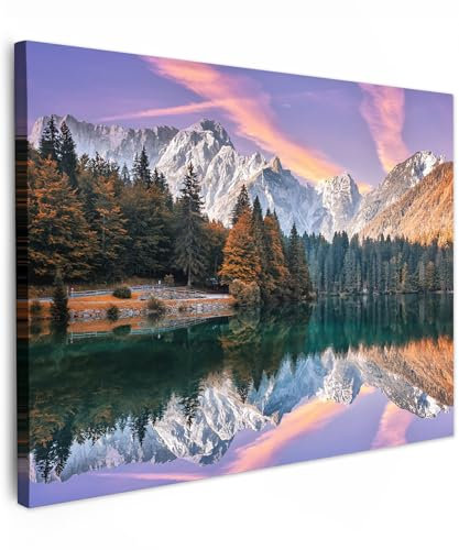 MuchoWow© Leinwand 70x50 cm Deko Schlafzimmer Aesthetic Leinwandbilder Wohnzimmer Gemälde Foto Geschenk Living Room Decoration Bilder Natur - Berge - Wald - Wasser - Himmel - Rosa - Lila