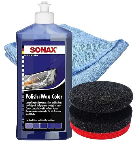 Craft-Equip Politur-Set bestehend aus einer SONAX 500ml Polish+Wax Color BLAU + Craft-Equip Ø90mm Polierpuck ROT + Craft-Equip Microfasertuch BLAU
