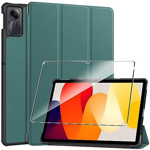 Heioloo Custodia per Redmi Pad SE Cover in Pelle PU Case, + [1 Pezzi] Vetro Temperato Pellicola Protettiva [Auto Svegliati/Sonno] [Ultra Sottile] [Supporto Funzione ] [Anti-Scratch] Verde