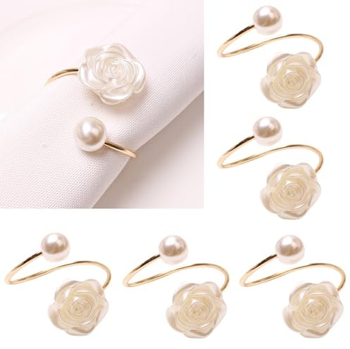 WELLYUK Serviettenringe Set mit 6 Serviettenhalter-Schnallen, Serviettenringe für Abendessen, Feiertage, Hochzeiten, Dinnerpartys, Tischdekorationen, Gold (6, Rose & Perle)
