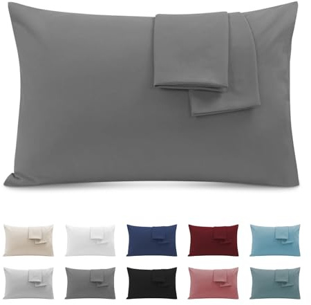 Federe Cuscini Letto Matrimoniale 50x80cm, Set 2 Federe Oeko-TEX in Premium Microfibra 110GSM con Invisibile Cerniera, Morbida e Traspirante, Ipoallergenica - Grigio Scuro