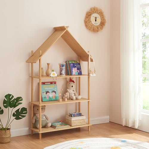 [en.casa] Bibliothèque à 3 Niveaux pour Enfant Étagère Autoportante en Forme de Cabane pour Rangement de Livres Jouets Coloriages Bambou 137 x 90 x 30 cm Naturel