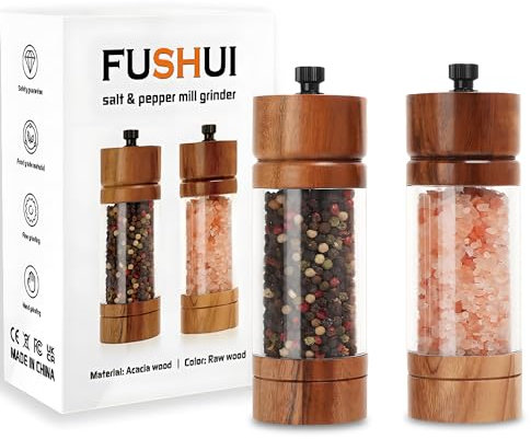 FUSHUI Salz und Pfeffermühle 2er Set Gewürzmühle Manuell Pfeffermühle Holz Salzmühle mit hochleistungs - Keramikmahlwerk Höhe: 14cm