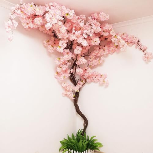 Quepiem Árboles de cerezo artificial, paredes de fondo de flores falsas con rama de melocotón simulada y diseño de ratán, para interiores, techo, aire acondicionado, tubería ornamental (rosa)