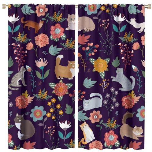 COALHO Vorhänge mit niedlichem Katzen-Motiv, moderner Frühlingsgarten, Blumenblätter, Haustier, Katze, Fensterbehandlung, Verdunkelungsvorhänge, wärmeisoliert, Stangentaschen-Vorhang für Schlafzimmer,