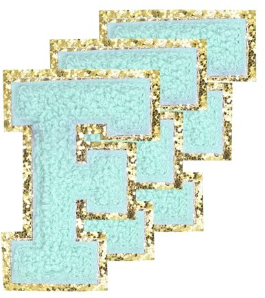 sourcing map Chenille Letters F Patches Large Size 80mm/3.15 Inch Iron-on Letters F Patches Golden Glitter Embroidered Patches for Clothing, Shoes, Hats, Backpacks Pack of 3(Blue)