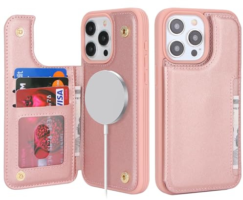 SailorTech for iPhone 15 Pro Max Case with Credit Card Holder Magsafe, iPhone 15 Pro Max Phone Leather Case for Women Compatible mag safe Card Slots Durable Shockproof Wallet Case - Rose Gold