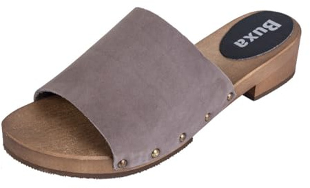 Buxa L40 Damen Clogs Leder Schuhe aus Holz, Holzclogs Pantolette, Holz Sohle (Grau, EU Schuhgrößensystem, Erwachsene, Damen, Numerisch, M, 41)