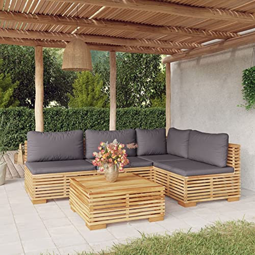 Keyroto Gartenlounge Holz Gartenlounge Outdoor Loungemöbel Holz Garten loungemöbel Set Lounge Sofa Outdoor Sitzecke Balkon Ecksofa Sofagarnitu mit Kissen Massivholz Teak-Dunkelgrau-5-tlg-2