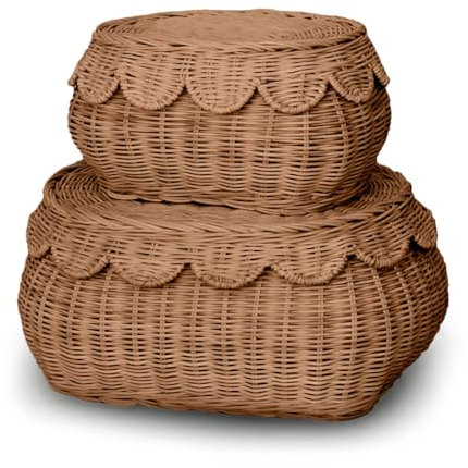 BEBE BASK The Original Scalloped Basket Set of 2 - Small Scallop Basket - 38.1 cm x 25.4 cm x 6 Inch - Handgewebt & preisgekrönt - Elegante Weide mit gewelltem Rand Deckel - Kinderzimmer Aufbewahrung