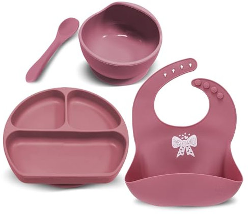 Miracle Baby Lot de 4 Set Vaisselle Silicone Repas Bébé, Assiette Ventouse pour Bébé, Bol Ventouse pour Enfant, Bavoir Imperméable, Cuillère D’apprentissage, Sans BPA, Passe Lave et Micro Onde (Rouge)