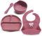 Miracle Baby Lot de 4 Set Vaisselle Silicone Repas Bébé, Assiette Ventouse pour Bébé, Bol Ventouse pour Enfant, Bavoir Imperméable, Cuillère D’apprentissage, Sans BPA, Passe Lave et Micro Onde (Rouge)