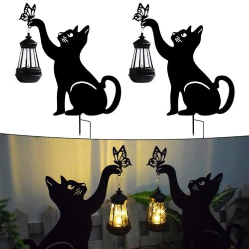 HpLive 59cm Metall Katze mit Solar Laternen Gartenstecker, Schwarze Katze Figur Pfad Lampe Garten Rasen Dekoration(2 Stück)