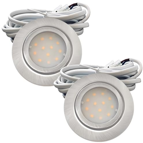 2er Set IP44 LED Möbeleinbauleuchten 12V extra flach 2,4W Einbaustrahler New Lina 200lm Edelstahl geb. 4000K Neutralweiß Bohrloch: 54 bis 60mm, 2m Kabel mit AMP Stecker. Möbel, Küche, Bad, Decken... ✅