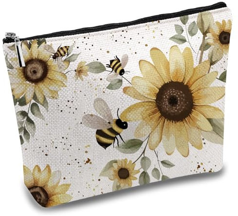 CREATCABIN Make Up Tasche Mit Bienen Sonnenblumen Motiv Polycotton Kosmetiktasche Mehrzweck Federmäppchen Mit reißverschluss Tasche Organizer Kulturbeutel Reisegeldbörse Beutel Make Up Zubehör 25x18cm
