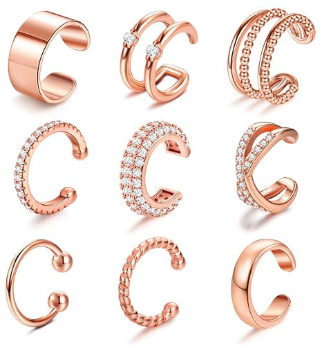 JeweBella 9Pcs Ear Cuff Set für Damen Fake Ohrringe Ohrklemme 14K Gold Earcuffs Einstellbar Ohrclips Damen Ohne Ohrlöcher Knorpel Ohrmanschette Clip Ohrringe Non Piercing Gold/Silber/Roségold/Schwarz