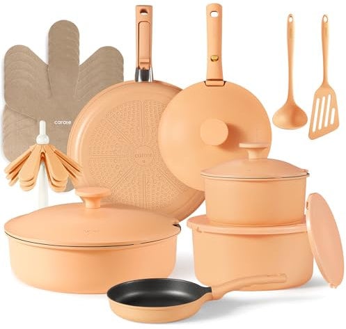 CAROTE 24pcs Pots and Pans Set Non Stick, Nonstick Cookware Set, Oven/Dishwasher/Fridge Safe Pots and Pans, RV Safe Cookware, Induction Kitchen Gift Set Detachable Handle, Peach