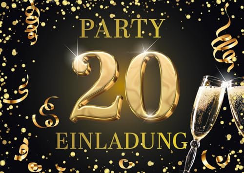 Edition Colibri Einladungskarten zum 20. Geburtstag, 10 Stück, Format A6, Karten-Set, zum Beschriften, Einladung, Party schwarz, gold (11170 DE)