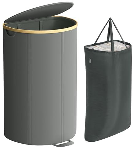 SONGMICS Wäschekorb, Wäschesammler, 90 Liter, Wäschetonne mit Deckel, Wäschesack herausnehmbar, für Waschküche, Schlafzimmer, Wohnzimmer, schiefergrau-naturbeige LCB547G01