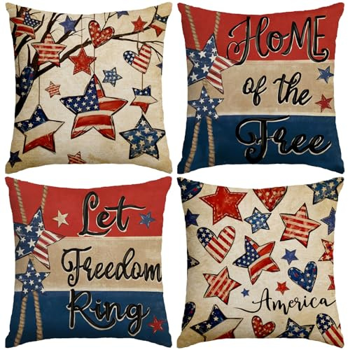 Patriotische Kissenbezüge, 45,7 x 45,7 cm, 4. Juli, rot, weiß, blau, Sommer, Outdoor, Überwurf-Kissenbezüge, 4er-Set, Unabhängigkeits-Gedenktag, USA-Flagge, Retro-Kissenbezug für Sofa, Couch