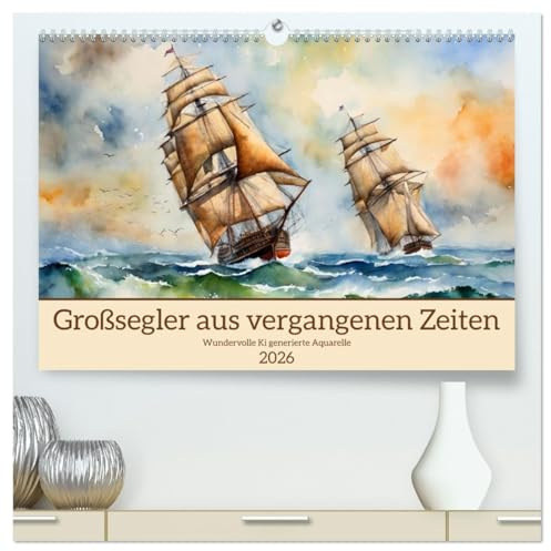 Großsegler aus vergangenen Zeiten (hochwertiger Premium Wandkalender 2026 DIN A2 quer), Kunstdruck in Hochglanz: Historische Schiffe als zauberhafte Aquarelle KI generiert (CALVENDO Kunst)