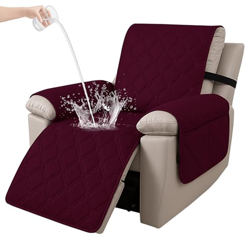 Ystyle Sesselschoner für Fernsehsessel, 100% Wasserdicht 1 Sitzer Sesselschoner mit Taschen Armlehne, rutschfest Sesselauflage Relaxsessel Anti-Rutsch Waschmaschinenfest, Burgunderrot