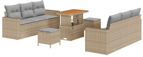 vidaXL 9-teiliges Garten-Sofaset mit hellgrauen Kissen aus beigem Poly-Rattan – perfekt für Entspannung im Freien und zum gemütlichen Sitzen auf der Terrasse.