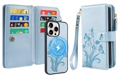 Lacass for iPhone 12/12 Pro Case Wallet,Compatible with MagSafe 2 in 1 Magnetic Detachable PU Leather RFID Blocking Wallet Cover Card Holder Zipper Wrist Strap Lanyard,Floral Sky Blue