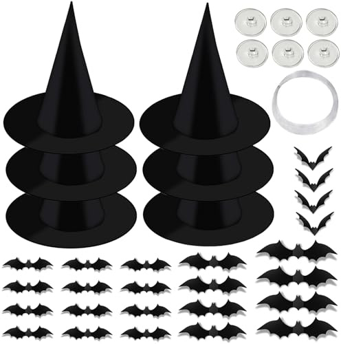 AMLOOPH Witches Hat Halloween Decorations, 6 Black Hanging Witch Hats Decor | Witch Costume Accessories for Women, Self-adhesive Hooks & 3D Bat Wall Decor for Indoor Outdoor Halloween Party Decorations