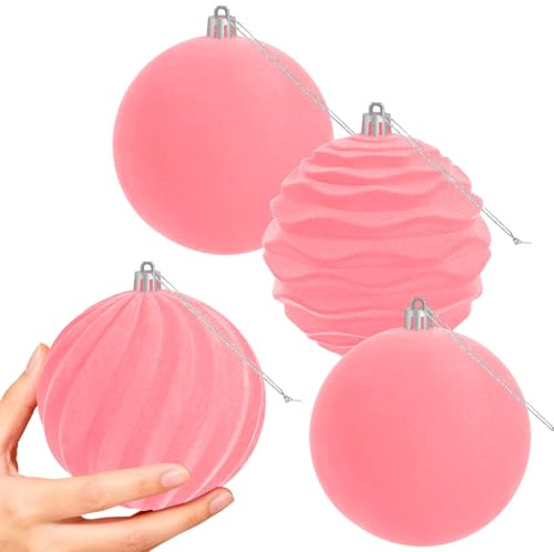 Miaikoe 4 PCS Große Samt Weihnachtskugeln Ornamente zerstörungsdicht hängend Set für Weihnachtsbaum Feiertagsparty Dekorationen (Pink, 10 cm)