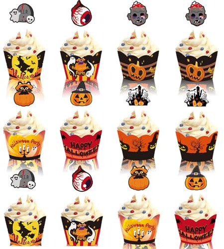 Gleemix Muffinförmchen Papier Halloween Deko, Black Witch Cupcake Förmchen, 24 Stück Halloween Muffin Deko Kuchen, Hallowen Tasse für Mottopartys Kuchendeko Muffins Desserts Stanzschablonen Küchendeko