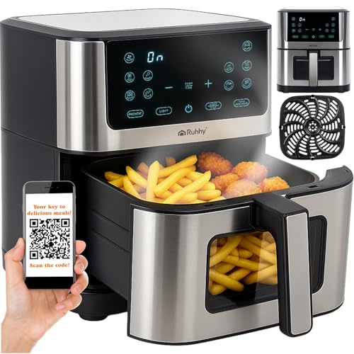 Heißluftfritteuse 8L XXL mit Antihaftbeschichtung – Frittieren ohne Öl – Air Fryer für Familie, gesundes Kochen mit Touchscreen & 10 Programmen – RUHHY