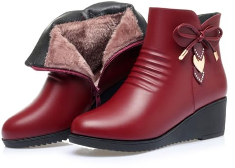 WEHAM Damen Leder Keilabsatz Kurzstiefel, mit plüschiger Fütterung, Rutschfester Plattform-Snowboots mit seitlichem Reißverschluss