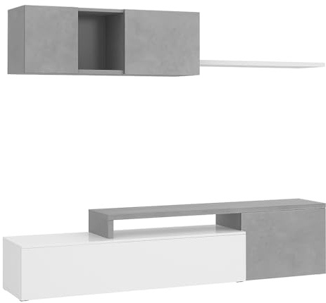 Bricozone Parete Attrezzata Moderna Soggiorno Design Contemporaneo Reversibile Con Mobile Porta Tv Pensile E Mensola In Pannello Melaminico Ideale Per Arredo Zona Living (Grigio cemento e Bianco)