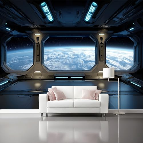 Fototapete Fantasy Raumschiff Weltraum Vlies Mural - Futuristische Vlies Wandtapete Panorama 350 x 256 cm, Sci-Fi Raumschiff Design Wanddekoration Tapete für Kinderzimmer, Dunkelblau