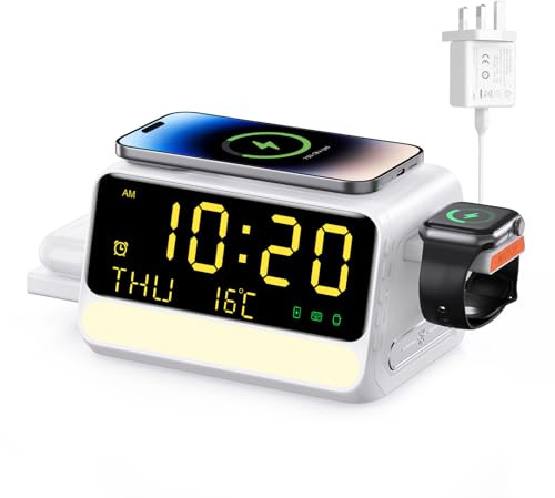 CoolBuBu Wireless Charger, 7 in 1 Wireless Charging Station, Fast Charger for iPhone 17 16 15 14 Pro Max, Apple Watch & AirPods, Samsung S25 S24 Galaxy Watch, Alarm Clock & Voice Night Light,33W Plug