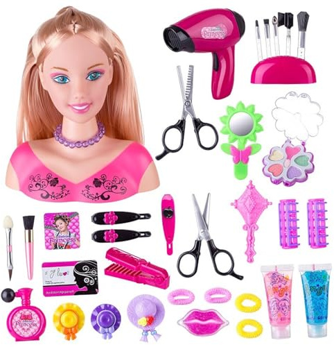Tête de poupée pour coiffure 35 pièces/ensemble tête de coiffure simulée poupée pour enfants avec sèche-cheveux alimenté par batterie apprentissage imaginatif et maquillage jouets jeu simulatio